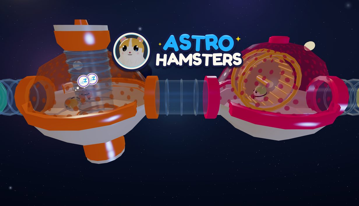 Astro Hamsters: two hamster pods joined by a tube, floating in space